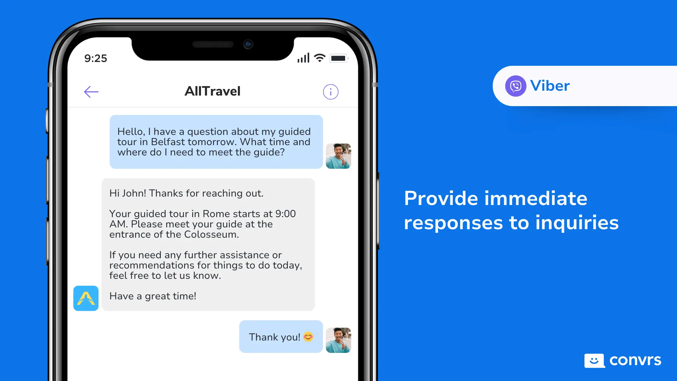 A customer messages a travel agency through Viber to inquire about their trip and gets an immediate response